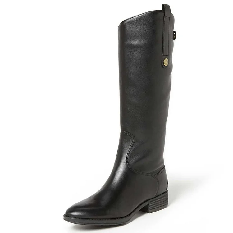 Black Riding Boots Fashion Vegan Leather Low Heel Knee Boots |FSJ Shoes