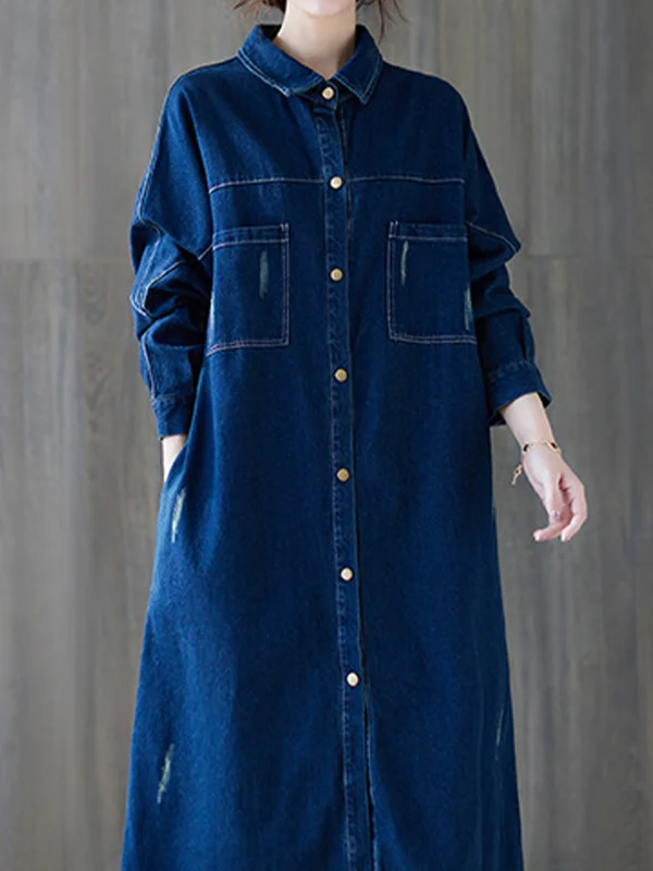 Women Loose Old Solid Color Shirt Dress