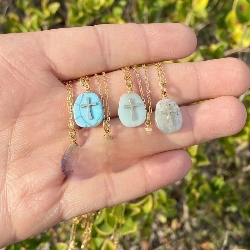 Fashion Cross Stainless Steel Natural Stone Plating Pendant Necklace