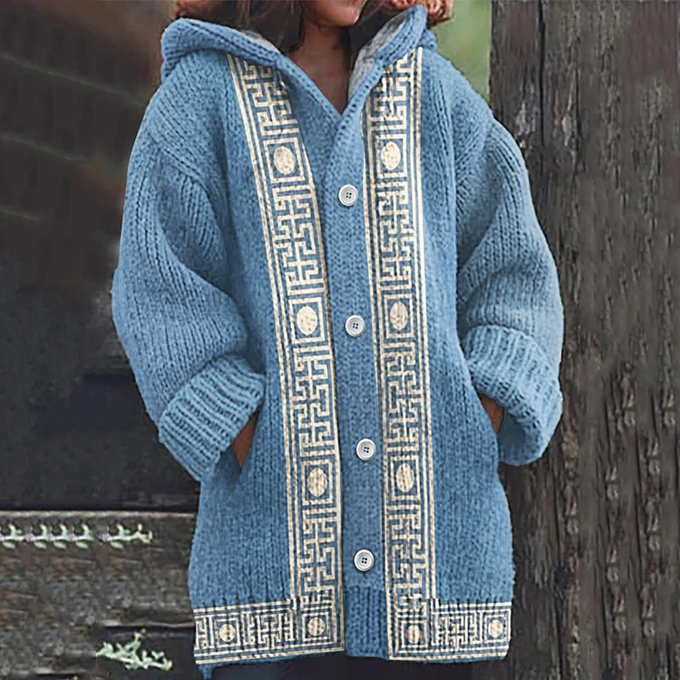 Women's Greek Geometric Jacquard Knit Cozy Hooded Cardigan