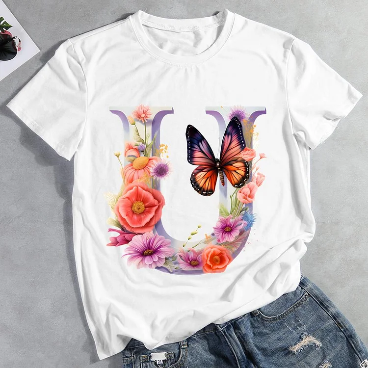 Butterfly Alphabet U Round Neck T-shirt
