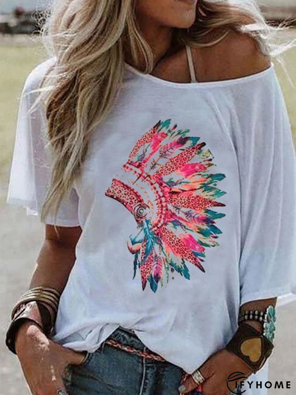 Casual Loose Print Big Round Neck Short Sleeve T-Shirt | IFYHOME
