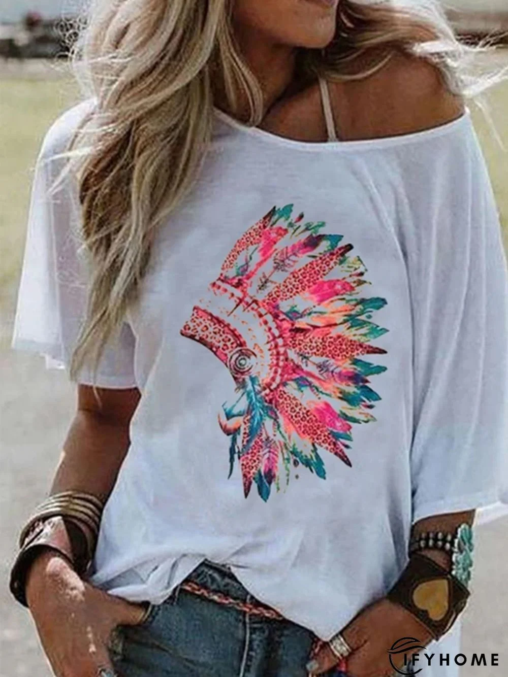 Casual Loose Print Big Round Neck Short Sleeve T-Shirt | IFYHOME