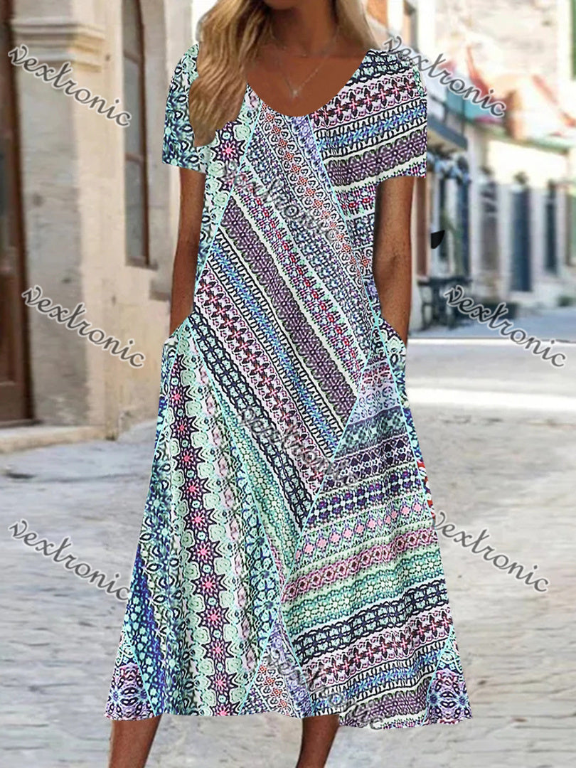 Women Short Sleeve Scoop Neck Floral Printed Stitching Maxi Dress