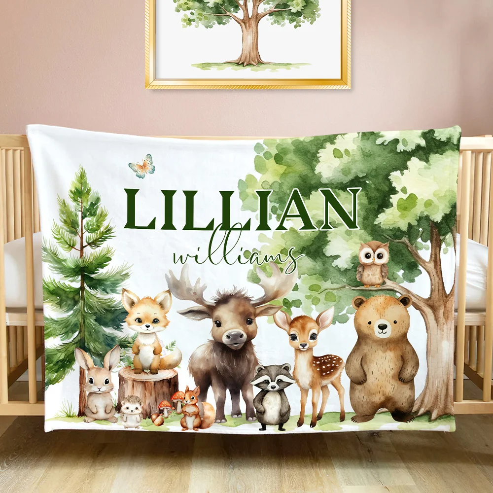 Personalized Cute Forest Animals Fox Rabbit Soft Throw Blanket with Name Nursery Room Decor Baby Shower Birthday Gift for Boys Girls