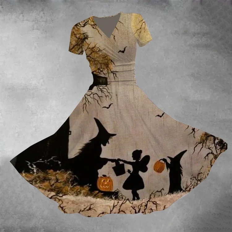 Halloween Forest Witch Print Swing Dresss