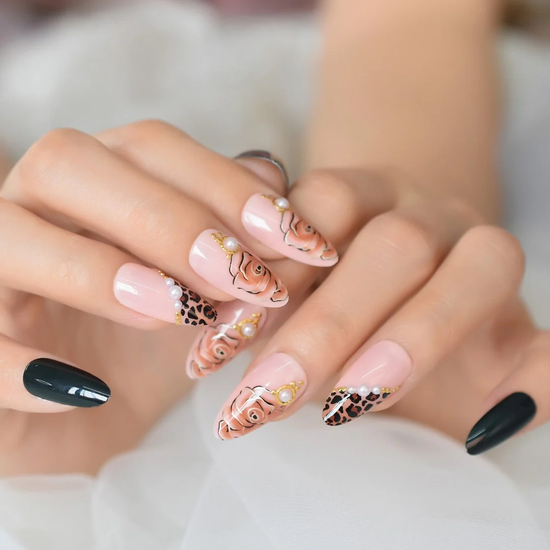 Pink Fake Nails Press On Full Cover Acrylic Nail Tips Flower Almond Medium False Nail With Design Pearl Decoration-Nail Inspo
