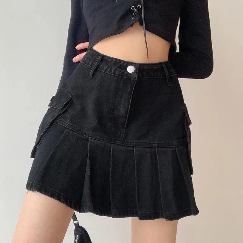 Skirts Women Folds Denim Mini Sexy Kawaii Streetwear Korean Style Chic Casual A-Line Vintage Fashionable Harajuku Sweet Girls