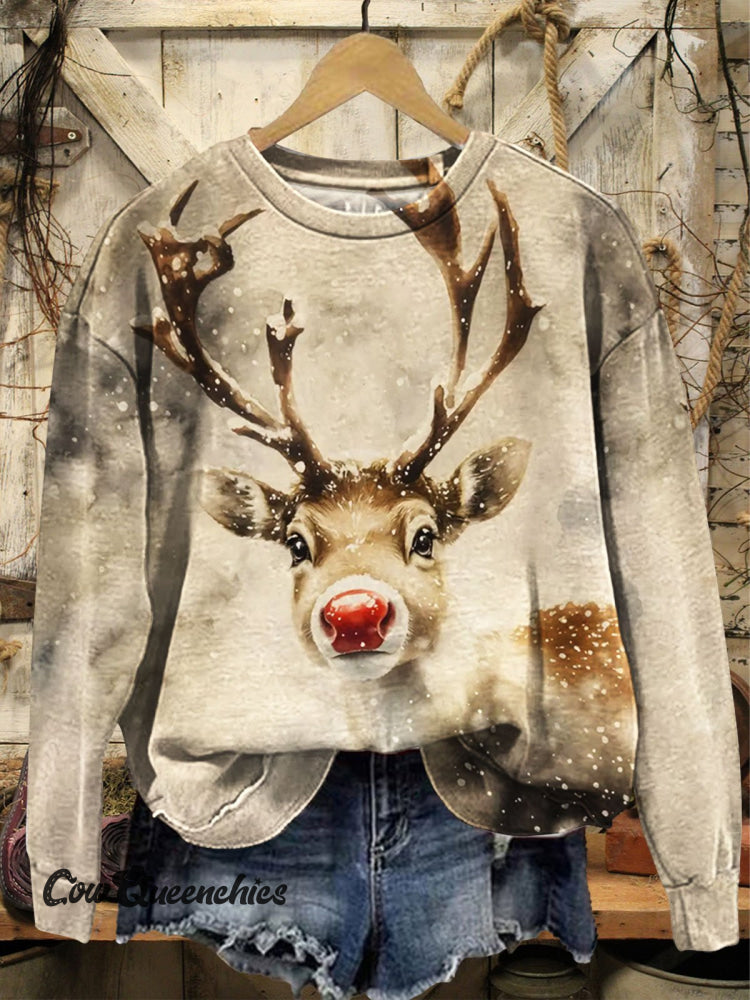 Vintage Christmas Elk Print Casual Sweatshirt Multicolor / S
