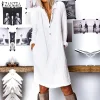 Lapel Neck Long Shirt Dress Buttons Cotton Linen