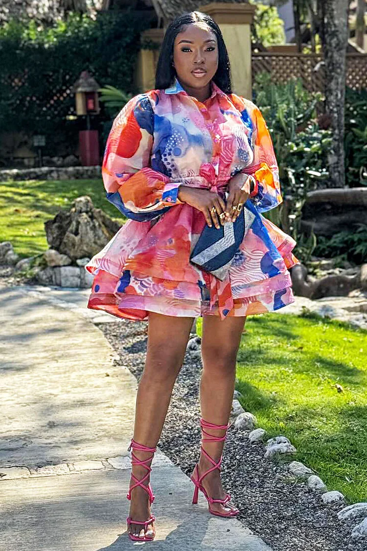 Lantern Long Sleeve Print Tiered Hem A-Line Mini Dresses-Pink [Pre Order]