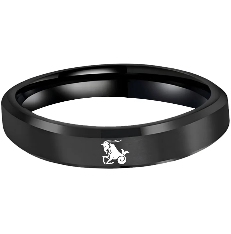 Mens Womens Black Capricorn Tungsten Carbide Bands Black Edges and Laser Etched Wedding Rings Comfort Fit 4MM 6MM 8MM Width