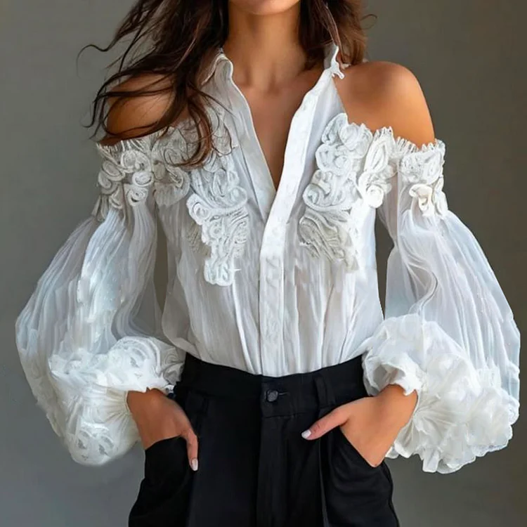 Ursime Shirt Collar Cold Shoulder Puff Sleeve Button Blouse