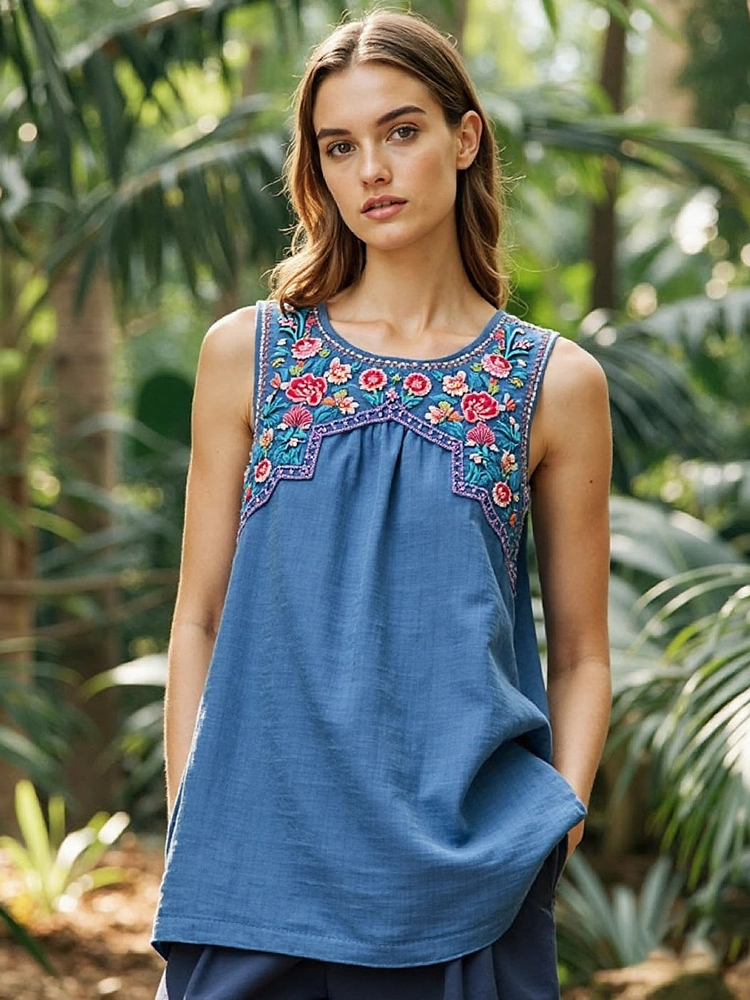 Women Summer Vintage Flower Print Linen Shirt WE1018