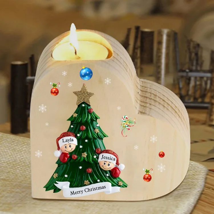 Navidad - Candelero de corazón de madera árbol de familia personalizado con 2 nombres y 1 texto sin vela