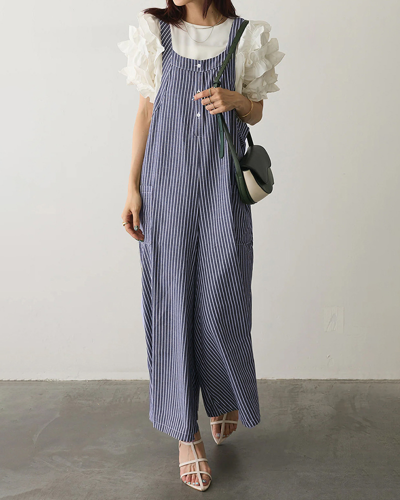 Adjustable Strap Striped Loose Wide Leg Jumpsuit