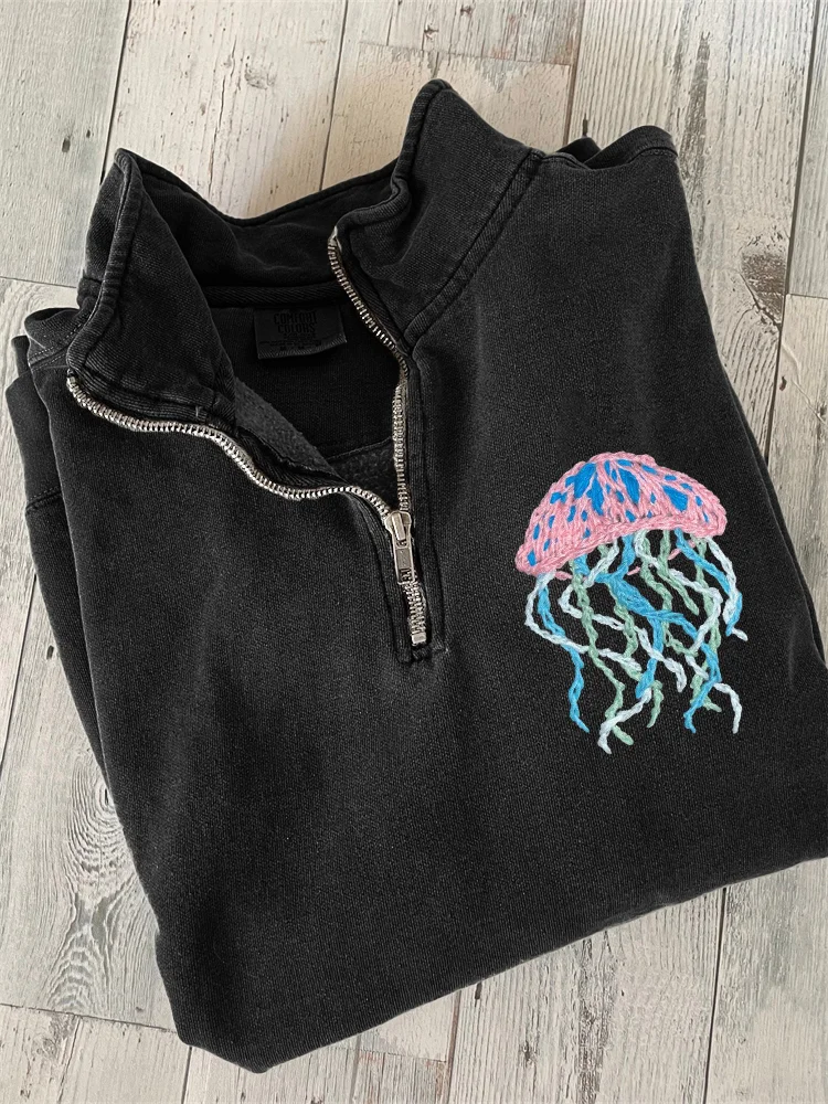 Colorful Jellyfish Embroidery Art Zip Up Sweatshirt