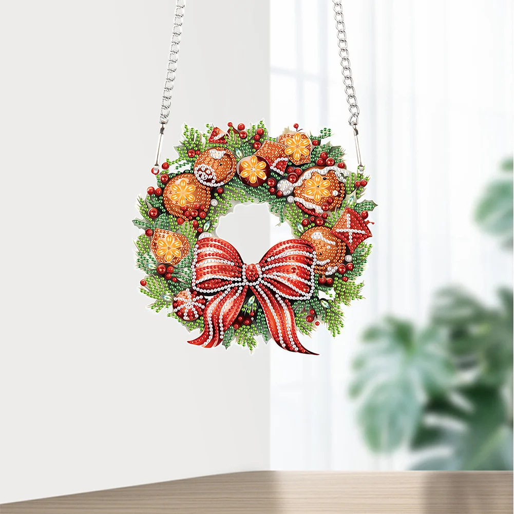 DIY Christmas Wreath Acrylic Special Shaped+Round Diamond Painting Wreath Ornament for Xmas Wall Decor
