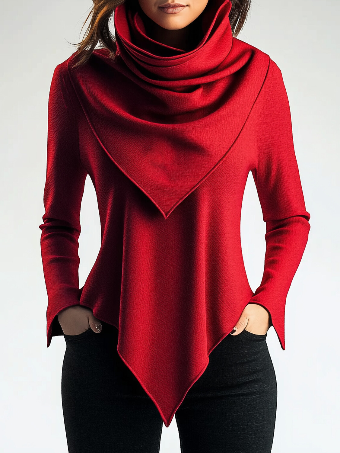 Ursime Cowl Neck Irregular Hem Long Sleeve Solid Blouse