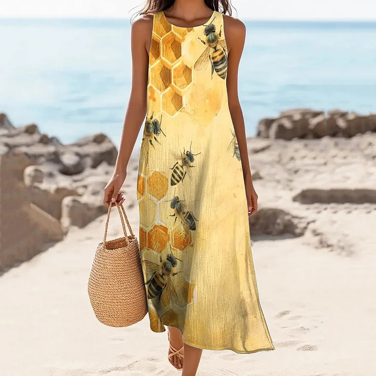 Simpfit Damen-Midikleid aus Nachahmung aus Baumwolle und Leinen mit Rundhalsausschnitt und Bienen-Print im Vintage-Stil