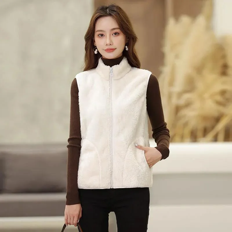 Budgetg Coral Fleece Women's Vest New Autumn Winter Fashion Tops Double-Sided Fleece Short Jackets Waistcoat Pocket Coat Female