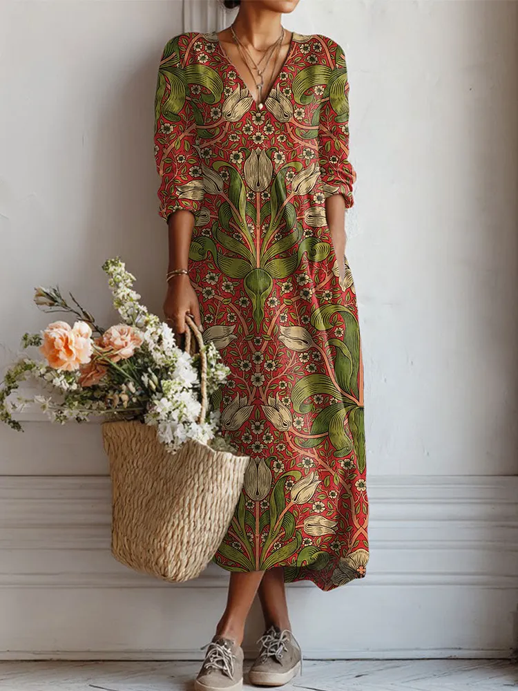 Women's Vintage Flower Art Print Linen Pocket Tunic Dress