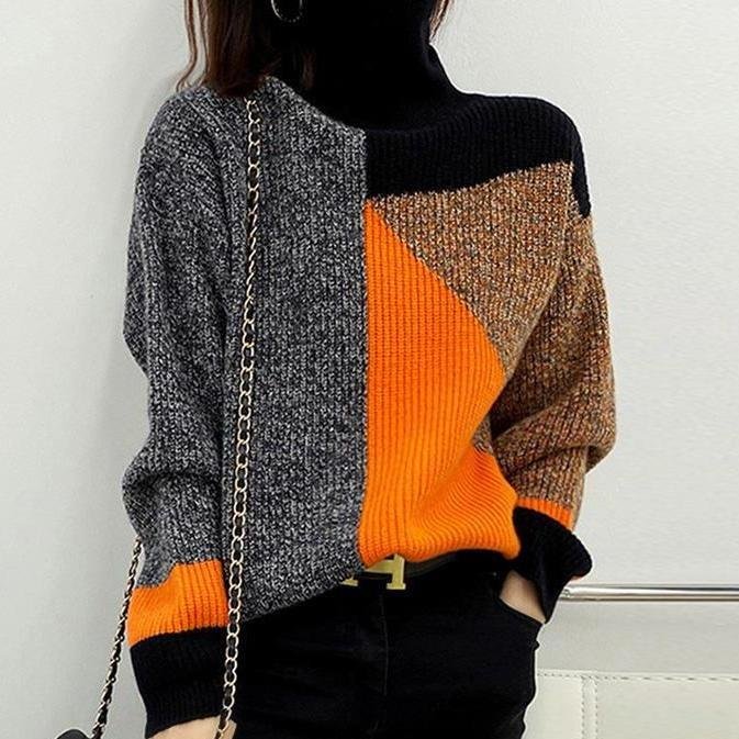 Comfy High Neck Color Block Print Sweater