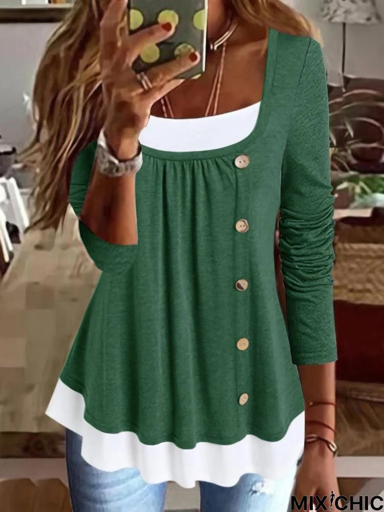 Casual Plain Stitched Buttons Color-block Long-sleeve Jersey Loose Top