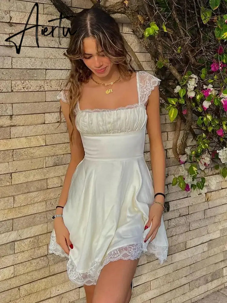 Autumn Lace Basic Mini Sexy Dress Women Spaghetti Strap Party Backless Slim Dresses Shirring Vestidos Elegant Aiertu