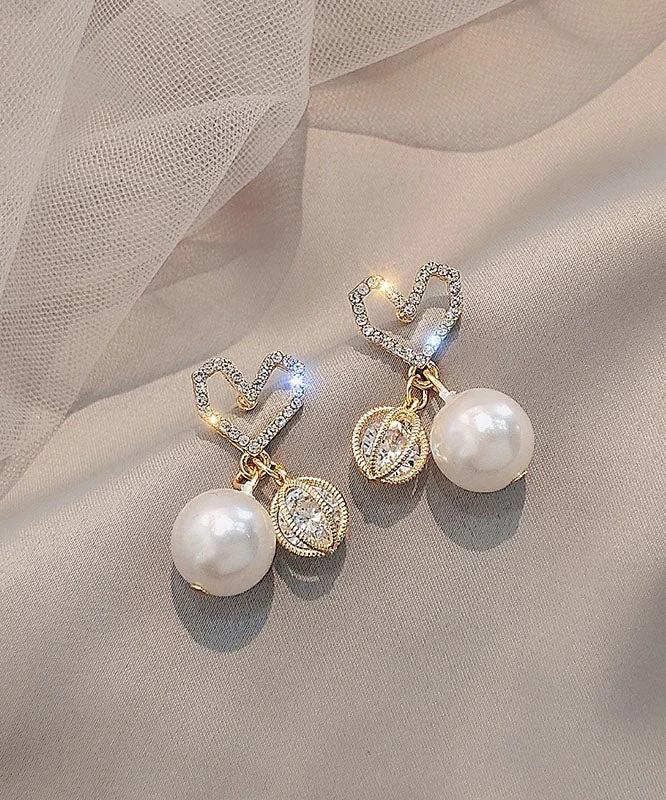 Elegant Gold Sterling Silver Alloy Zircon Love Pearl Drop Earrings