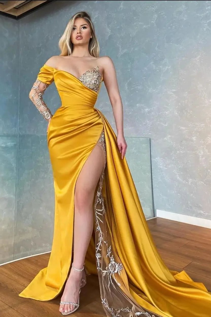 Gelb Lange Ärmel mit Schlitz Meerjungfrau mit Applikationen Ballkleid lang mit Rüschen Herzförmiger AusschnittED0315 Lunass