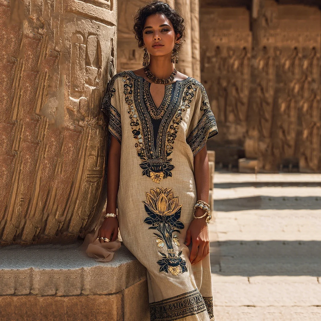 Women's Egyptian Lotus Art Casual V Neck Linen Maxi Dress