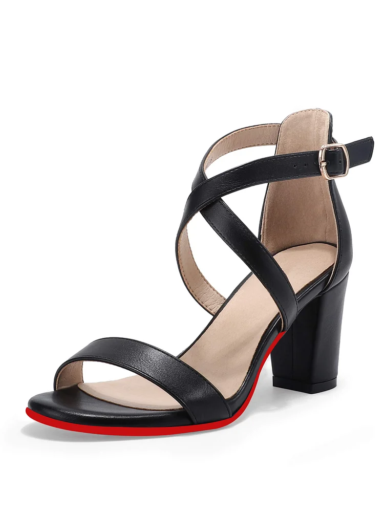 75mm Women's  Strappy Block Heels Sandals Comfy Open Toe Chunky Dress Wedding Shoes Adjustable Cross Strap Ladies  Red Bottom Pumps