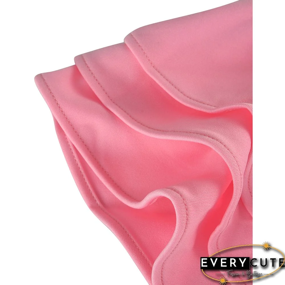 Pink Ruffle One Shoulder Sleeveless V Neck Jumpsuit