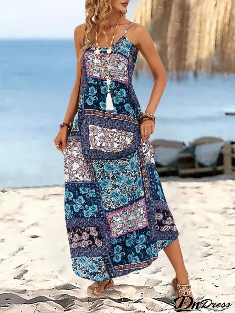 Women Summer Holiday Loose Peasent Print Spaghetti Strap Maxi Dress