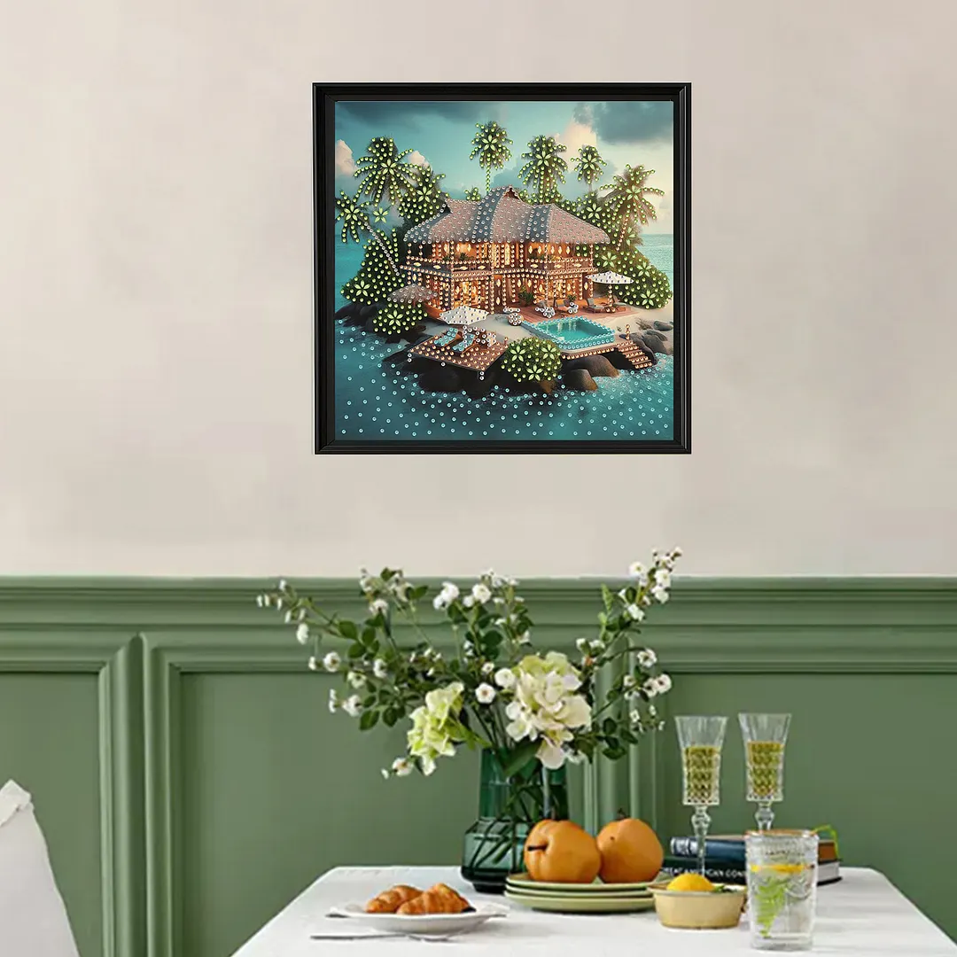 Tropical Beach Villa Special Shaped DIY Partial Drill Diamond Painting Kits for Adults Beginners Home Decor Diamonds Paintings Gem Art 30x30cm
