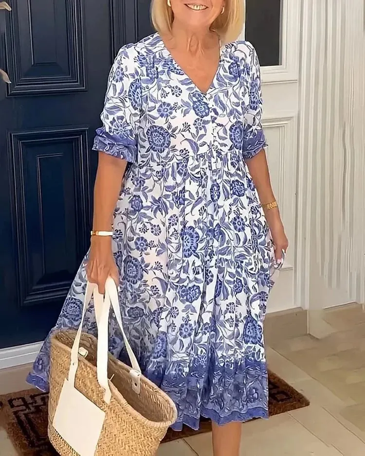 Bohemia Print V Neck Short Sleeve Casual Dress