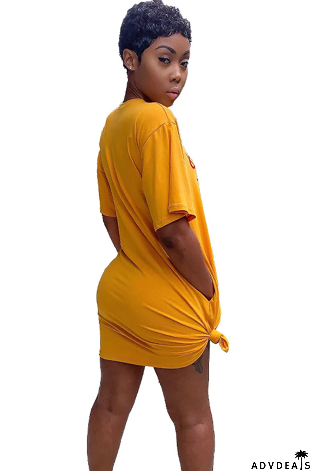 Orange Polyester Sexy Cap Sleeve Short Sleeves O neck Step Skirt Knee-Length Print