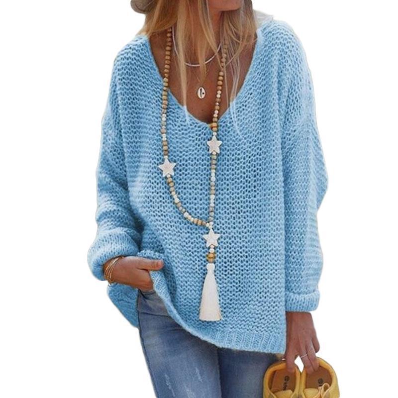 Vintage Fashion V-neck Solid Color Casual Knit Sweater