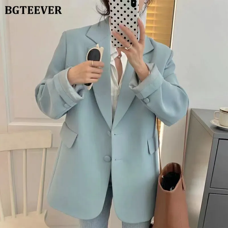 BGTEEVER New Spring Autumn Loose  Women Jacket Blazer Casual Notched Collar Long Sleeve Female Jackets 2021 Ladies Suit Coats