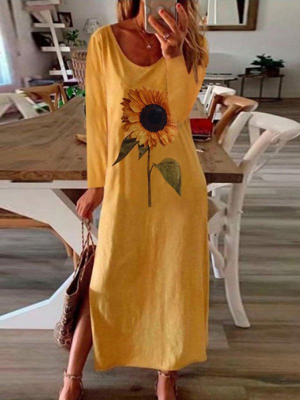 Casual Solid Color Sunflower Printed Split-Side Long Sleeves Midi Dress