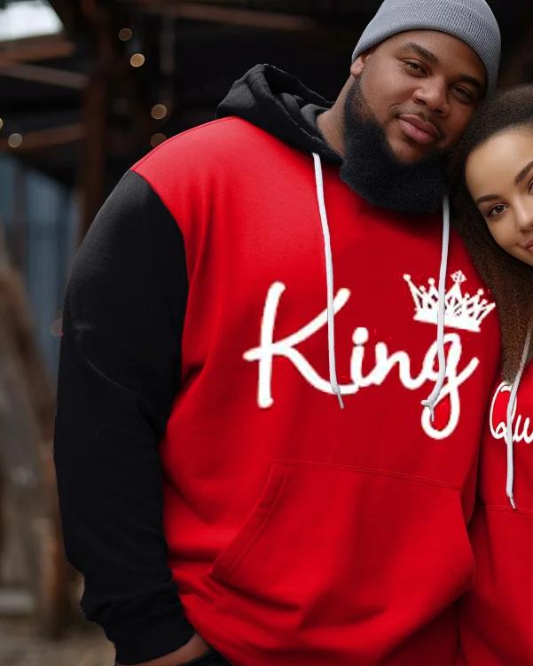 Couple's Plus Size Red and Black Colorblock King Queen Long Sleeve Sweatshirt