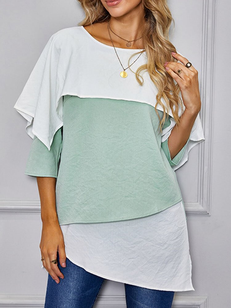 Contrast Color Layered O neck Loose 3/4 Length Sleeve Women Blouse P1852738