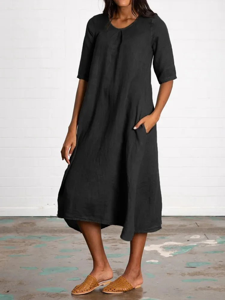 Solid Color Pocket Round Neck Midi Dress