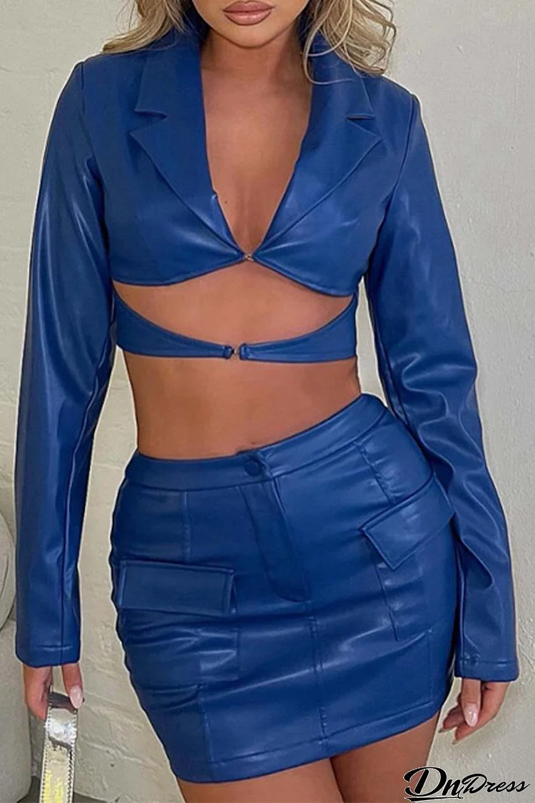 Long Sleeve Hollow Out Leather Skirt Set