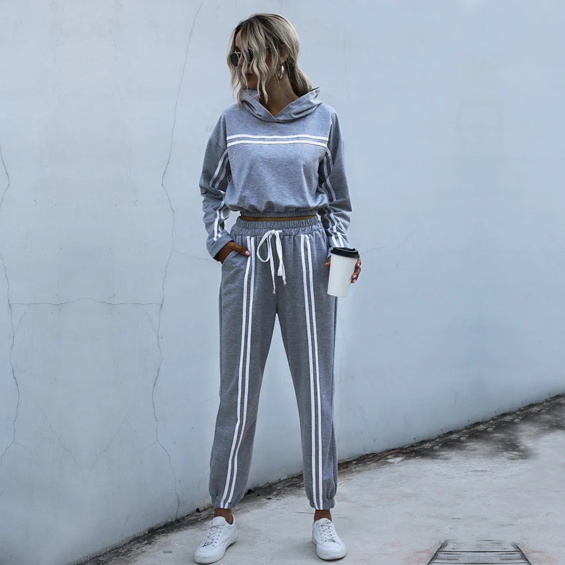 Grey splicing hooded sports suit women's two-piece suit
