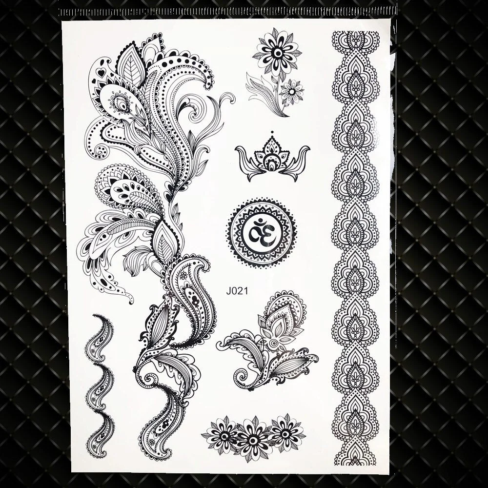 1PC Large Henna Tattoo Stickers For Wedding GBJ206 Black Ink Lace Henna Paste Women Party Brides Flower Temporary Tattoo 21x15CM