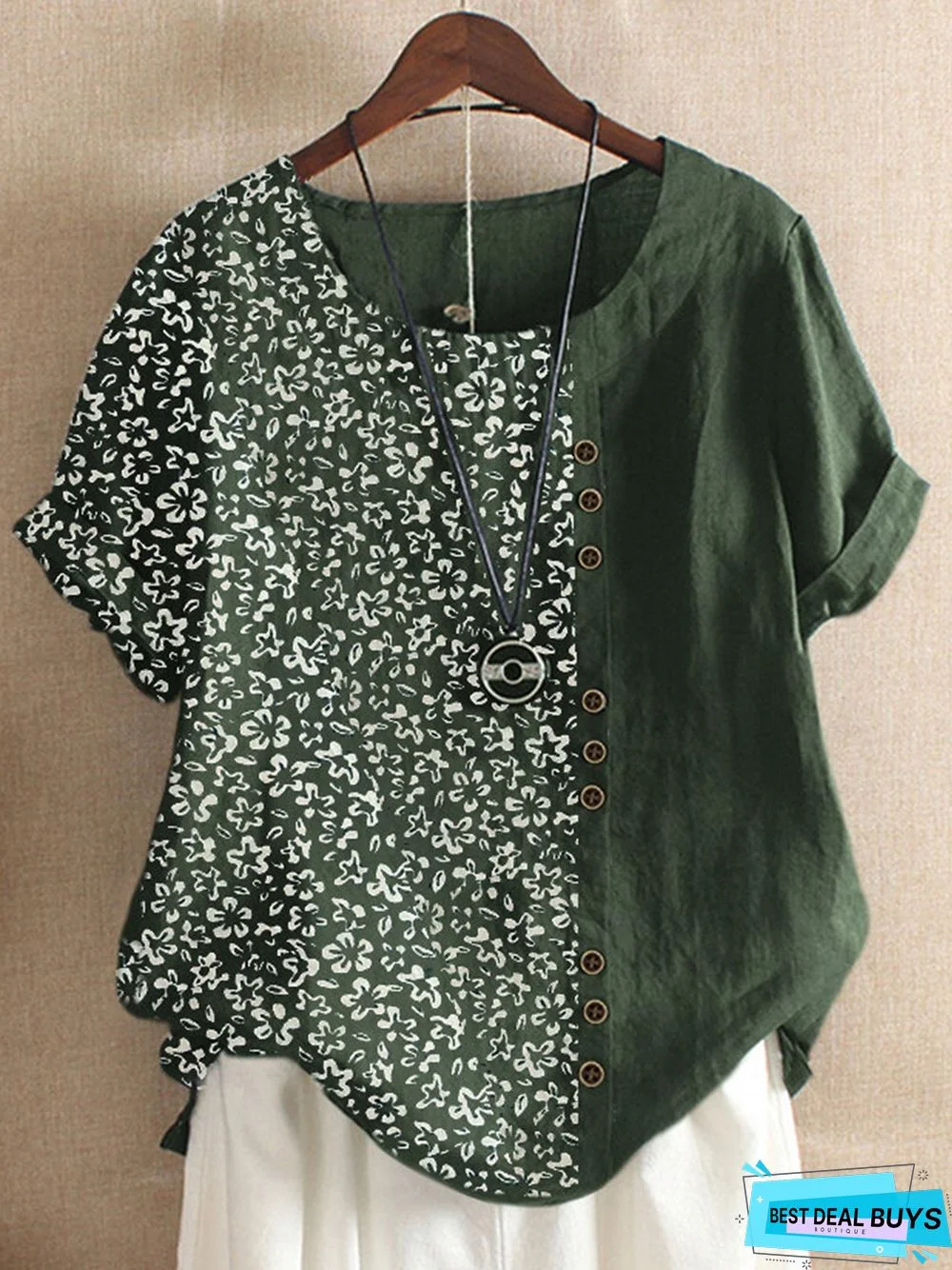 Floral Printed Patchwork Crew Neck Short Sleeve Tee Shirt