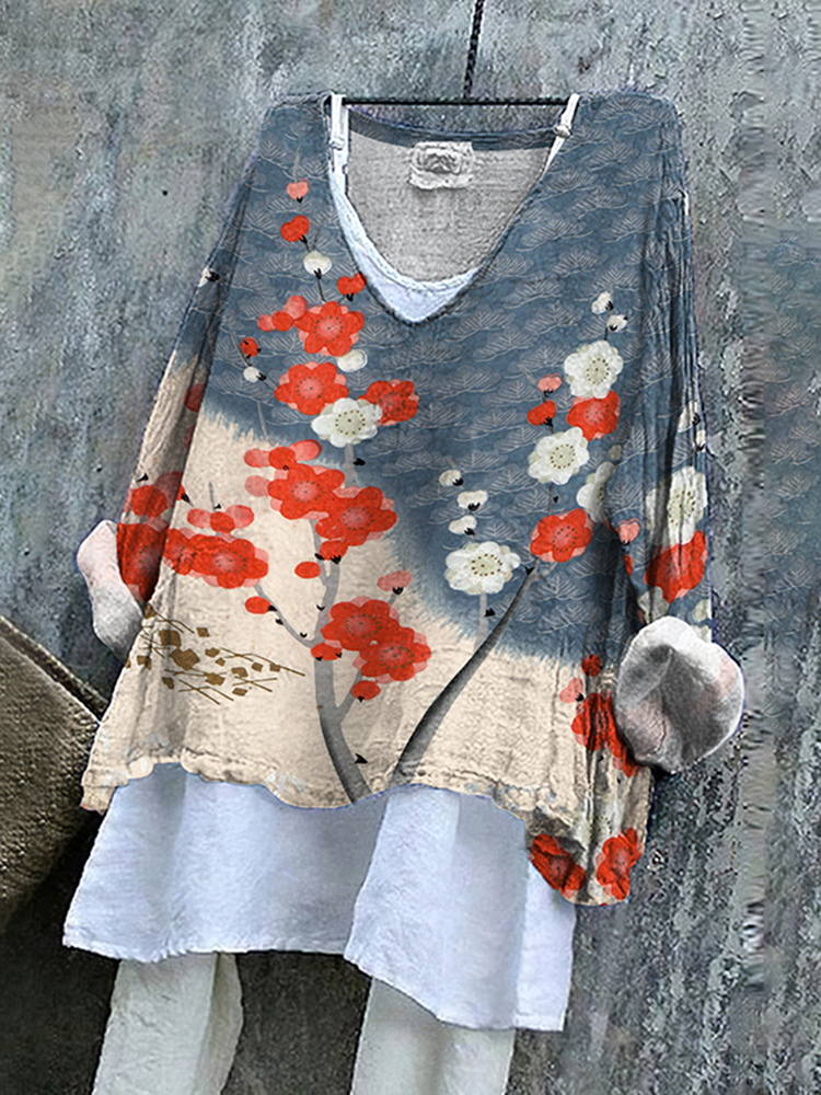 Comstylish Japanese Art Cherry Blossom Print V-Neck Loose Blouse