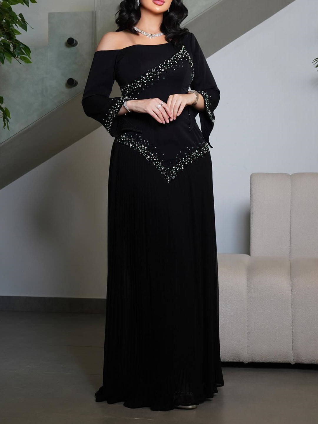 Elegant Beaded One-shoulder Maxi Dress | Oxredo Shop Ramadan Sale